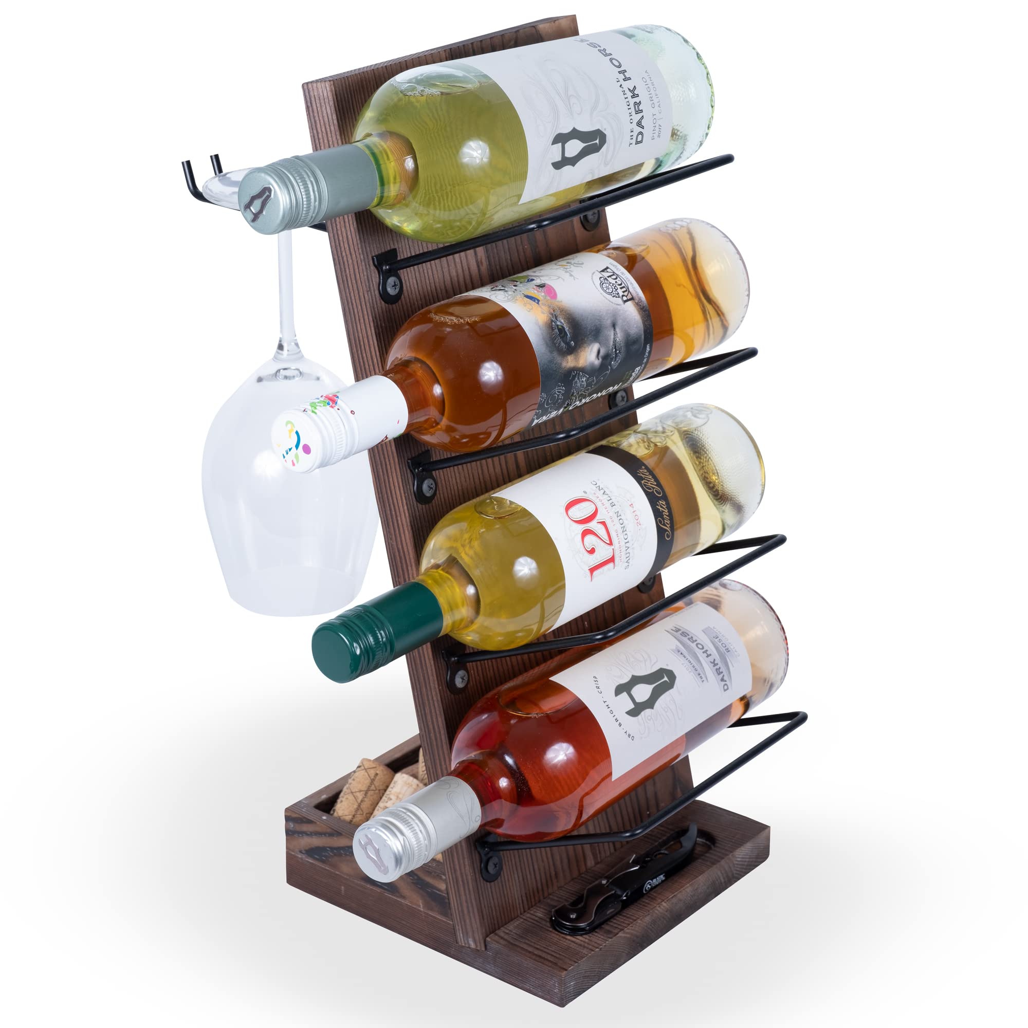 Rustic State Rueda Tabletop Wine Rack for 4 Bottles with 2 Stemware Glass Holder and Cork Storage Countertop Tray Freestanding Bar Organizer, Walnut