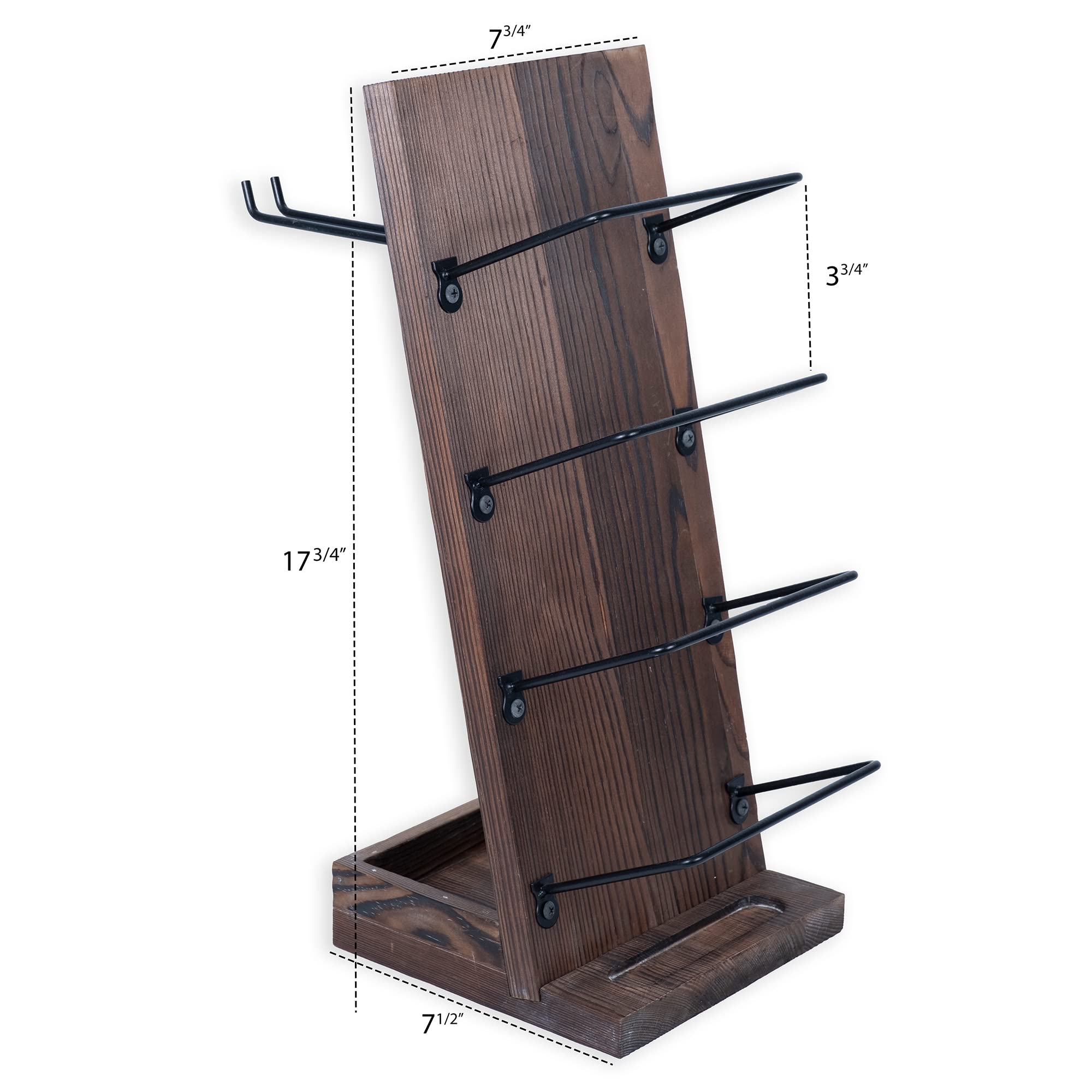 Rustic State Rueda Tabletop Wine Rack for 4 Bottles with 2 Stemware Glass Holder and Cork Storage Countertop Tray Freestanding Bar Organizer, Walnut