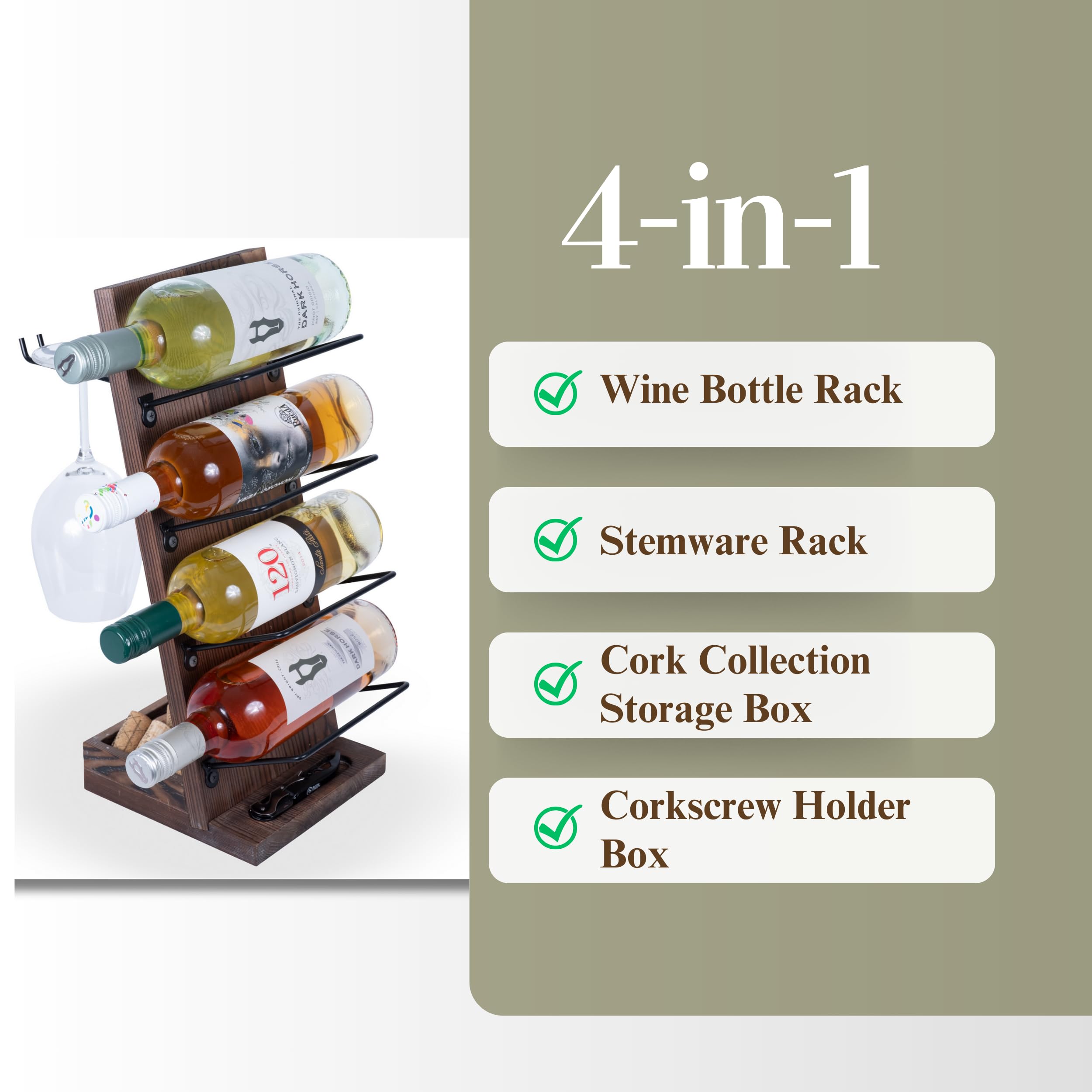 Rustic State Rueda Tabletop Wine Rack for 4 Bottles with 2 Stemware Glass Holder and Cork Storage Countertop Tray Freestanding Bar Organizer, Walnut