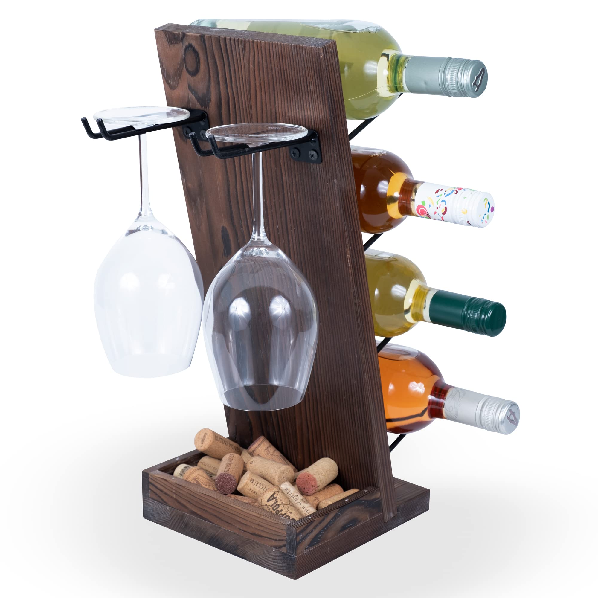 Rustic State Rueda Tabletop Wine Rack for 4 Bottles with 2 Stemware Glass Holder and Cork Storage Countertop Tray Freestanding Bar Organizer, Walnut