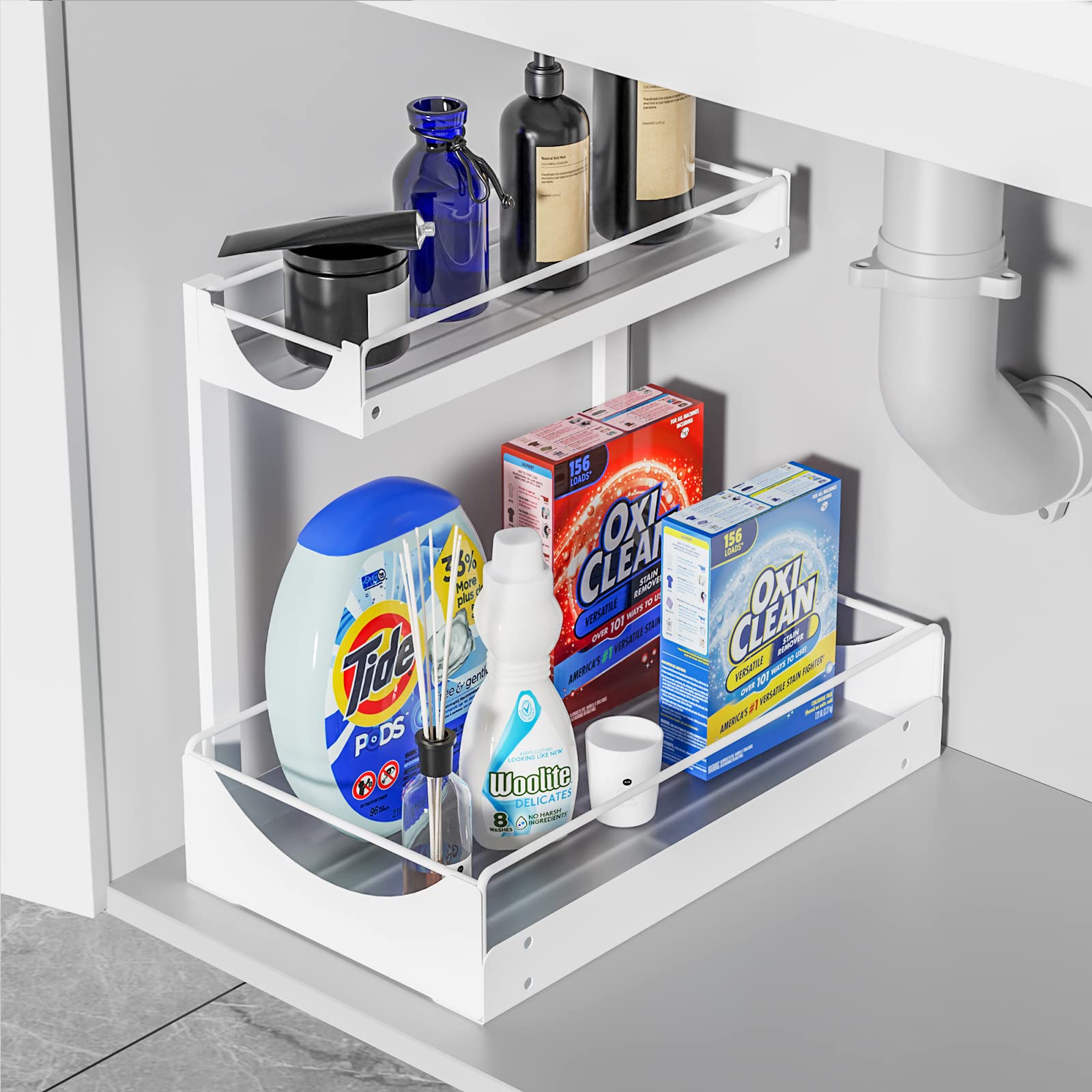 Silintion Under Sink Organizers and Storage-2-Tier Heavy Duty Metal Pull Out Drawers Under Cabinet Organizers Around Plumbing, for Under Kitchen Bathroom Sink Organizers and Storage(White)…