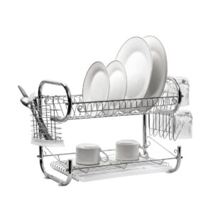 j&v textiles dish drying rack, stainless steel 2-tier dish rack with utensil holder, cutting board holder and dish drainer for kitchen counter (23-inch)