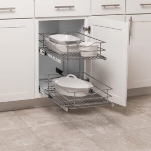 knape & vogt simply put 14-in w x 19.2-in h metal 2-tier pull out cabinet basket, 14 inch, frosted nickel