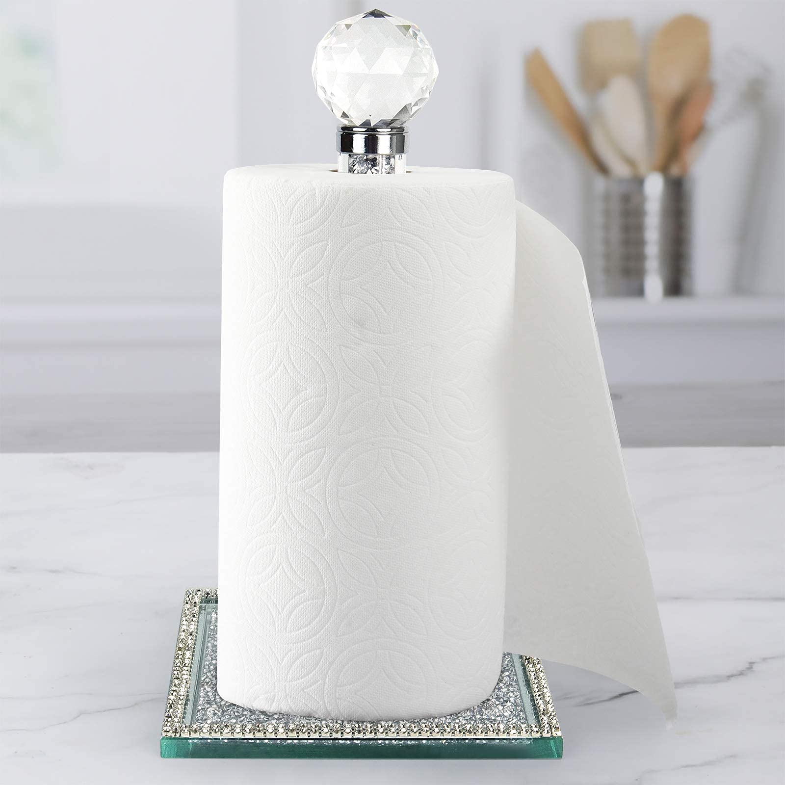 Paper Towel Holder Stand, Silver Countertop Paper Towel Roll Dispenser Holders with Square Base,Tissue Holder Filled with Sparkly Crystal Crushed Diamond House Decor for Kitchen Bathroom, Heavy Weight