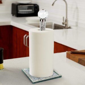 Paper Towel Holder Stand, Silver Countertop Paper Towel Roll Dispenser Holders with Square Base,Tissue Holder Filled with Sparkly Crystal Crushed Diamond House Decor for Kitchen Bathroom, Heavy Weight