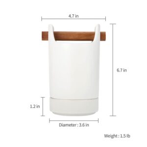 cusinine Kitchen Utensil Holder for Flatware, Silverware, Cutlery and Cooking Accessories, Wood and Ceramic, Countertop and Table Caddy (White)