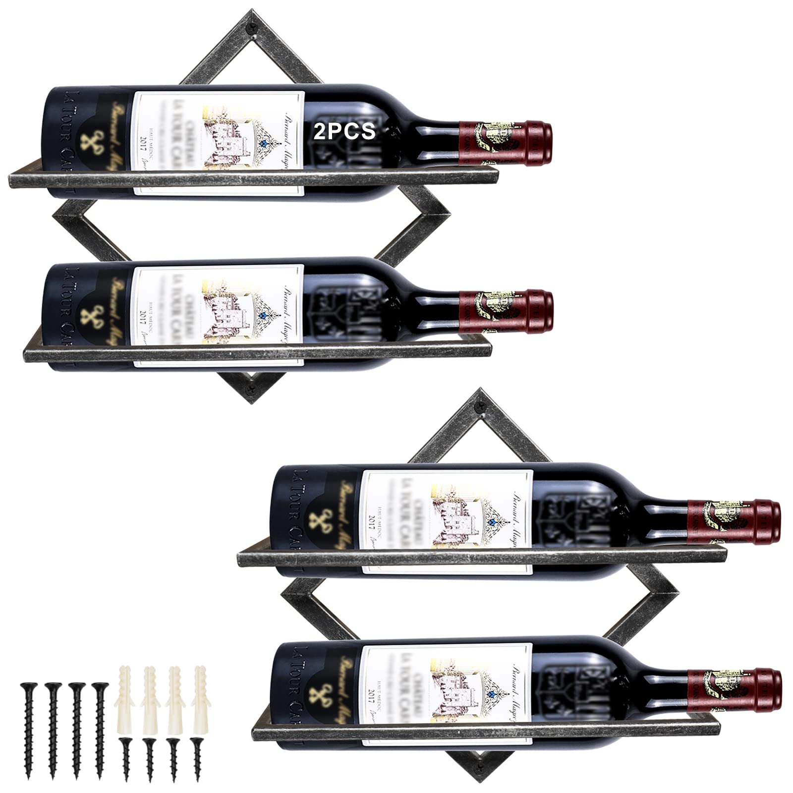 AUHOKY 2Pcs Metal Wall Mounted Wine Holder Stemware Glass Rack, Collapsible Hanging Red Wine Racks Organizer with 2 Liquor Bottles, Wine Bottle Display Hanger for Home Kitchen Bar Decor