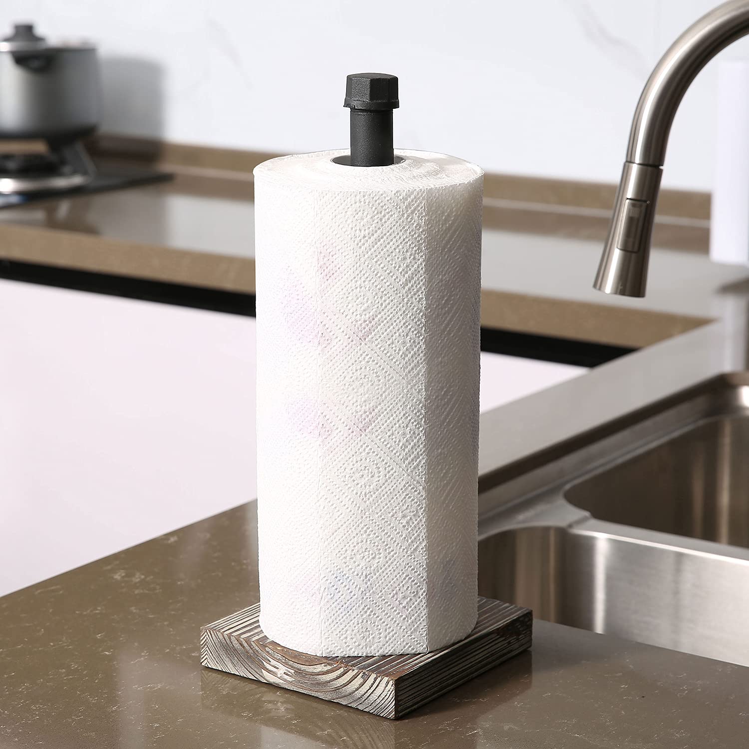 MyGift Industrial Brass Metal Pipe Paper Towel Holder Stand Kitchen Countertop Paper Towel Dispenser with Torched Solid Wood Base