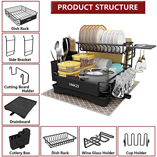 VNKZI Dish Drying Rack, 2 Tier Stainless Steel Multifunctional Large Dish Rack with Drainboard Set, Wine Glass Holder, Utensil Cutting Board Holder, Extra Drying Mat Set, for Kitchen Counter