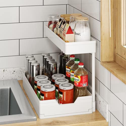 MILILOVE Under Sink Storage Organizers, Bathroom Countertop Organizer, 2-Tier Sliding Kitchen Cabinet Organization, with Hooks, Multi-purpose Shelf Organizer, For Kitchen Bathroom Bedroom Office