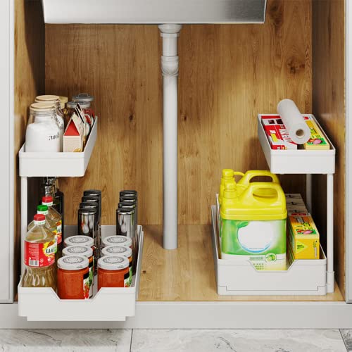 MILILOVE Under Sink Storage Organizers, Bathroom Countertop Organizer, 2-Tier Sliding Kitchen Cabinet Organization, with Hooks, Multi-purpose Shelf Organizer, For Kitchen Bathroom Bedroom Office