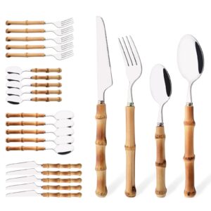 uniturcky bamboo silverware ser, 24-piece natural bamboo flatware cutlery set for 6, stainless steel silver head with bamboo handle, include knife fork spoon utensil for daily use and party, reusable