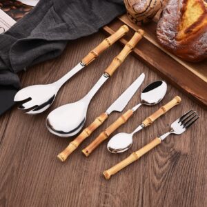 Uniturcky Bamboo Silverware Ser, 24-Piece Natural Bamboo Flatware Cutlery Set for 6, Stainless Steel Silver Head with Bamboo Handle, Include knife Fork Spoon Utensil for Daily Use and Party, Reusable