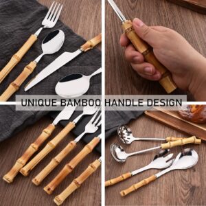 Uniturcky Bamboo Silverware Ser, 24-Piece Natural Bamboo Flatware Cutlery Set for 6, Stainless Steel Silver Head with Bamboo Handle, Include knife Fork Spoon Utensil for Daily Use and Party, Reusable