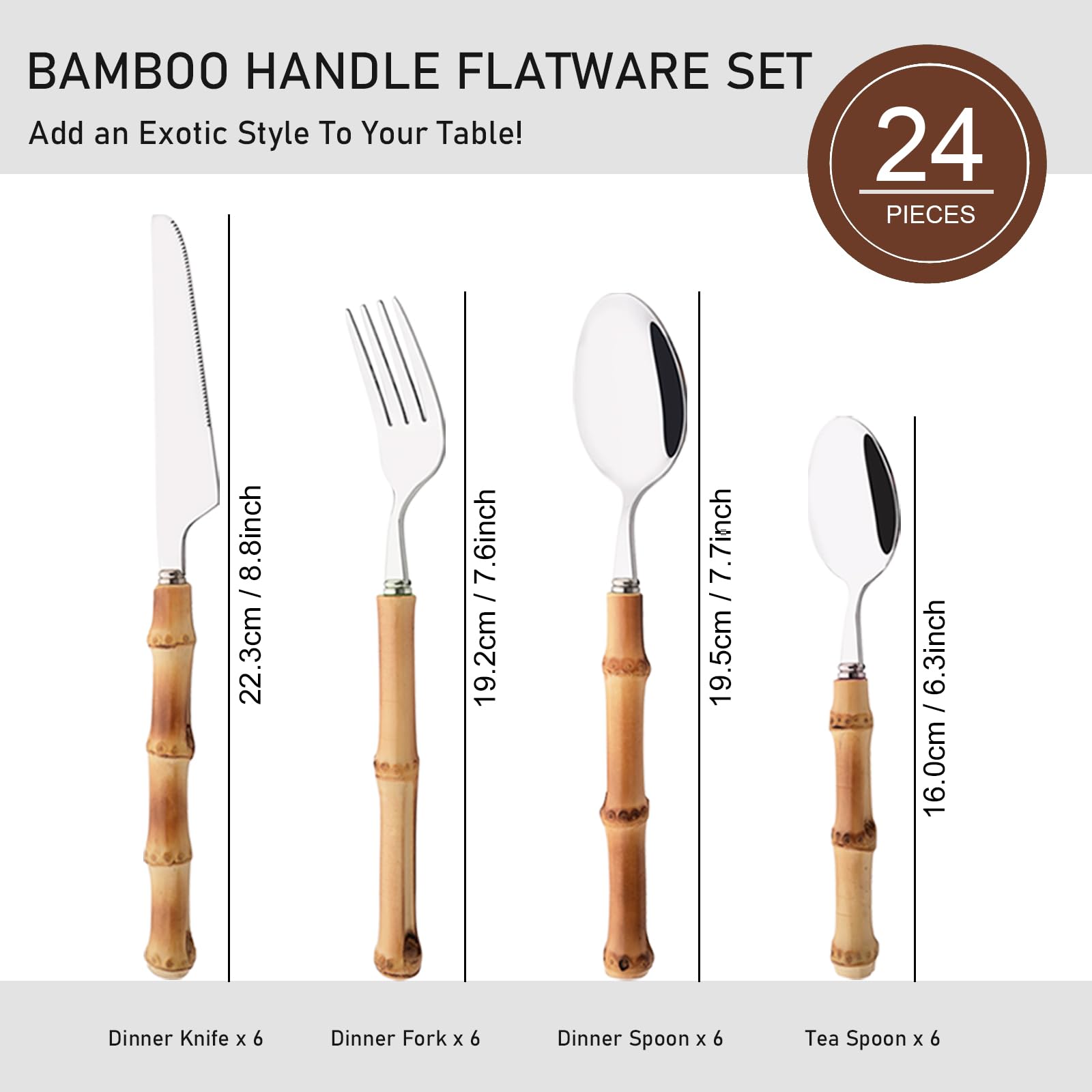 Uniturcky Bamboo Silverware Ser, 24-Piece Natural Bamboo Flatware Cutlery Set for 6, Stainless Steel Silver Head with Bamboo Handle, Include knife Fork Spoon Utensil for Daily Use and Party, Reusable