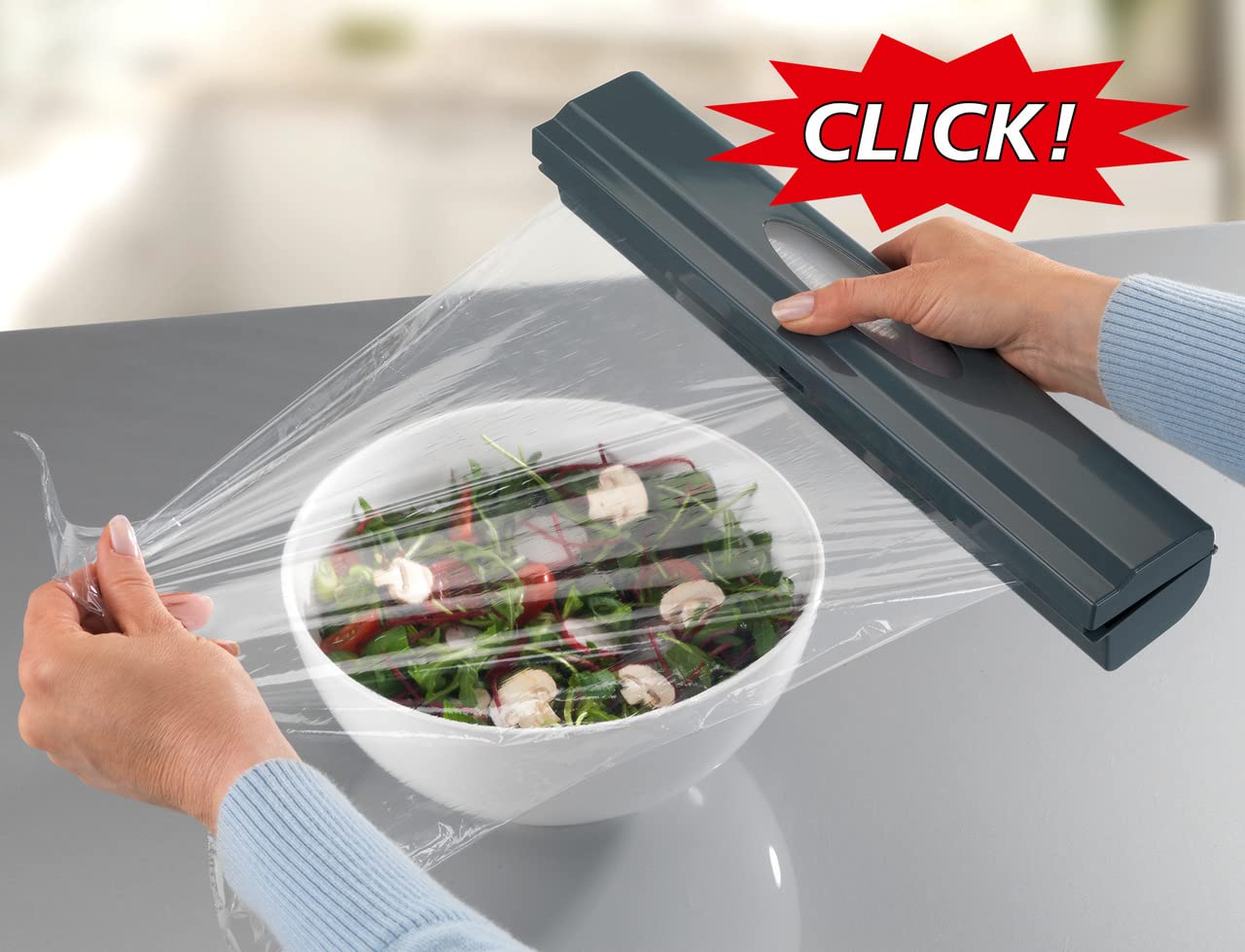 WENKO Plastic, Cling Film Holder, Refillable Aluminum Foil Wrap Dispenser with Slide Cutter for Kitchen Organization, 95% Platic, 5% Stainless Steel, 14.96 x 2.05 x 2.64 inch, Grey