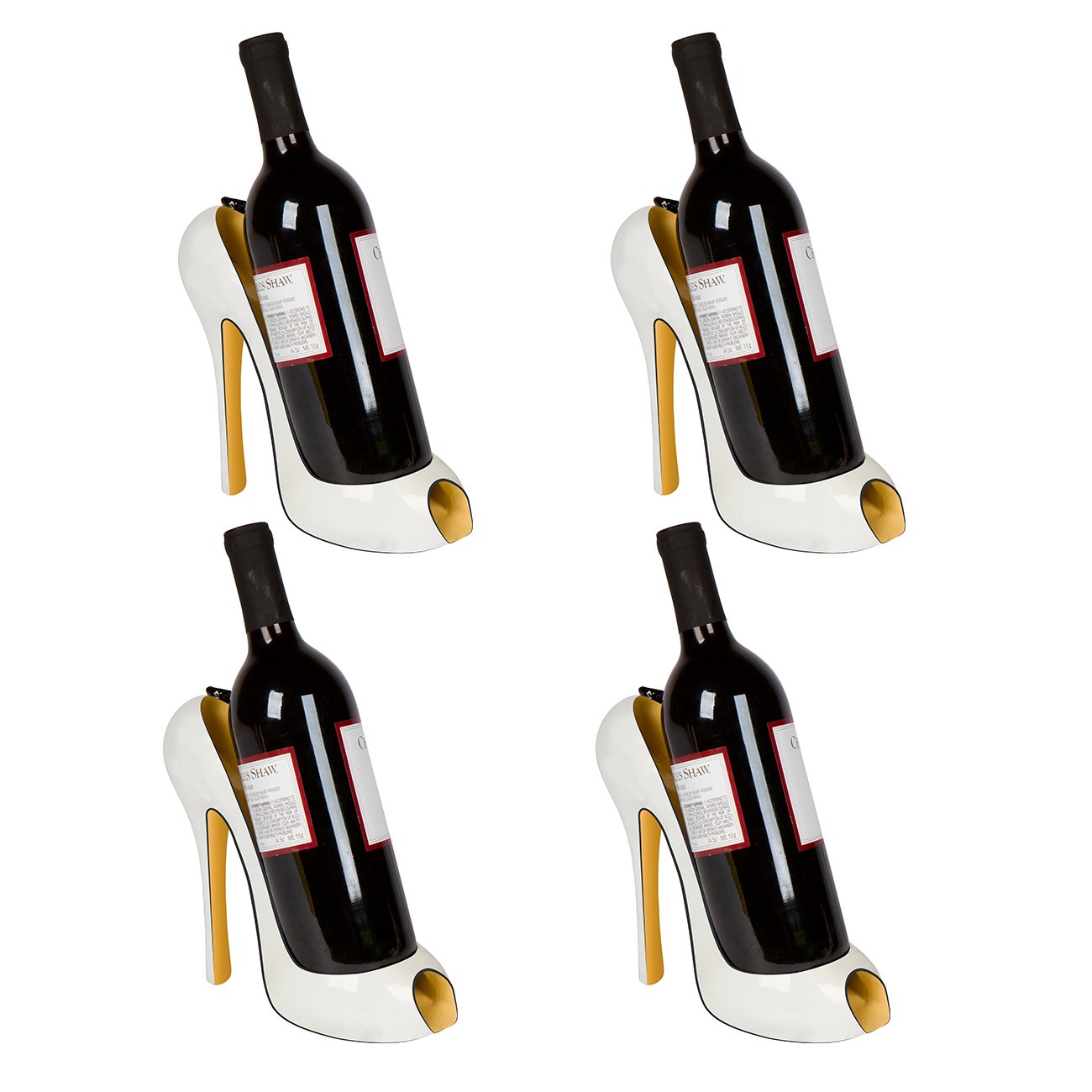 Hilarious Home 8" x 7"H High Heel Wine Bottle Holder - Stylish Conversation Starter Wine Rack (White Flower, Set of 4)