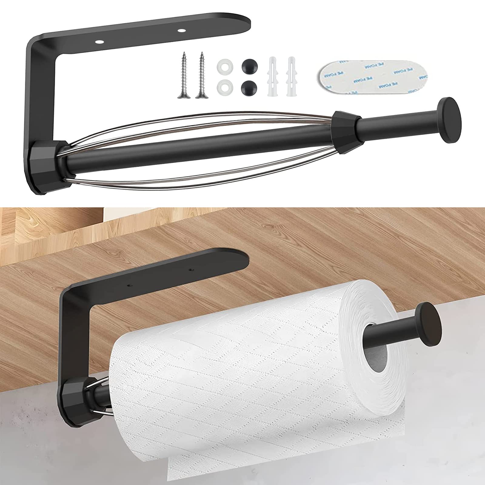 2 Pack Metal Paper Towel Holder, Easy Tear with Damping Function, Single Hand Operable Wall Mount Paper Towel Holder, Self-Adhesive or Drilled for Kitchen,Under Cabinet, Bathroom. Black