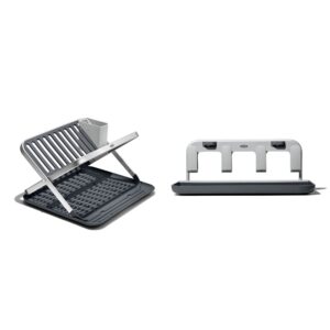 oxo good grips aluminum fold flat dish drying rack, 2-tier, with drainboard, for kitchen counter, collapsible good grips aluminum frame bottle drying rack
