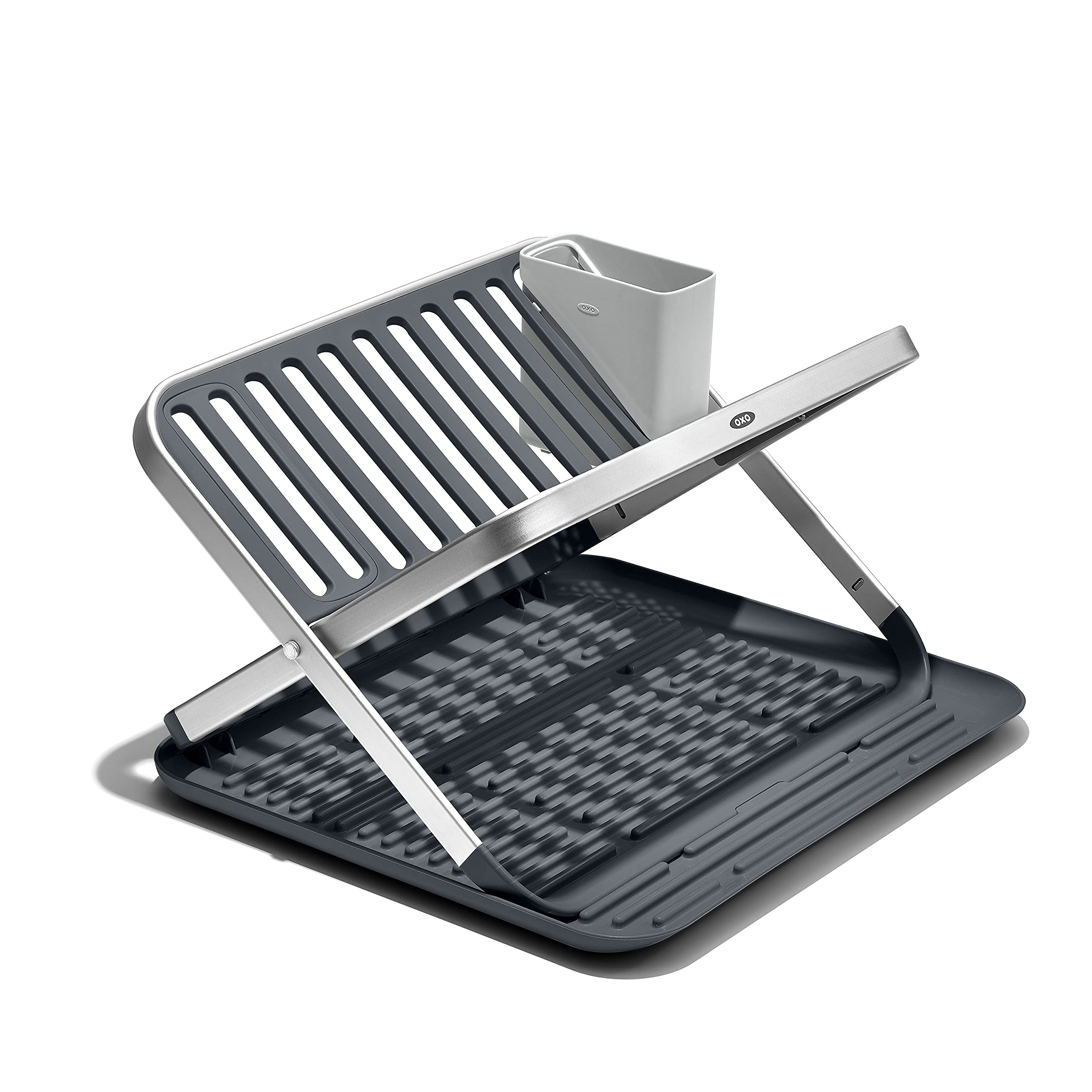 OXO Good Grips Aluminum Fold Flat Dish Drying Rack, 2-Tier, with Drainboard, for Kitchen Counter, Collapsible Good Grips Aluminum Frame Bottle Drying Rack