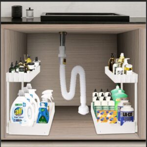 KOKKING 2 Pack Under Sink Organizer Multi-Use L-Shape Sliding Pull Out Cabinet Organizer for Bathroom Kitchen, Bathroom Cabinet Organizer with Hooks Hanging Cup (white)
