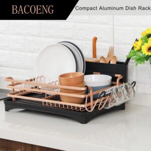 BACOENG Aluminum Dish Drying Rack,Never Rust Dish Rack with Removable Cutlery Holder & Cup Holder, 360° Swivel Spout Drain Board,Gold