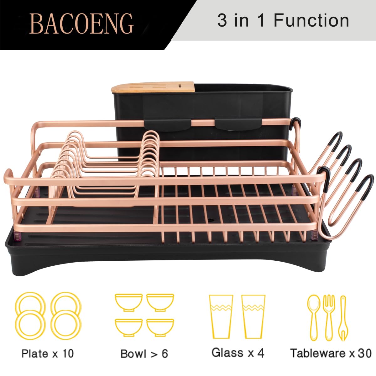 BACOENG Aluminum Dish Drying Rack,Never Rust Dish Rack with Removable Cutlery Holder & Cup Holder, 360° Swivel Spout Drain Board,Gold