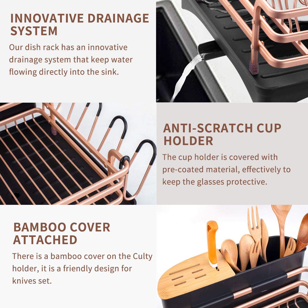 BACOENG Aluminum Dish Drying Rack,Never Rust Dish Rack with Removable Cutlery Holder & Cup Holder, 360° Swivel Spout Drain Board,Gold