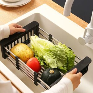 PEAKXCAN Retractable Stainless Steel Kitchen Dish Drying Rack, Sink Draining Basket, Fruit and Dish Rack, Dish Washing Basket, Draining Bowl Rack,Black