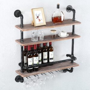 industrial hanging wine glass rack wall mounted,30in pipe shelf wine rack with 7 glass holder,rustic wine glass holder stemware racks,pipe shelving wood shelves floating wine glass shelf