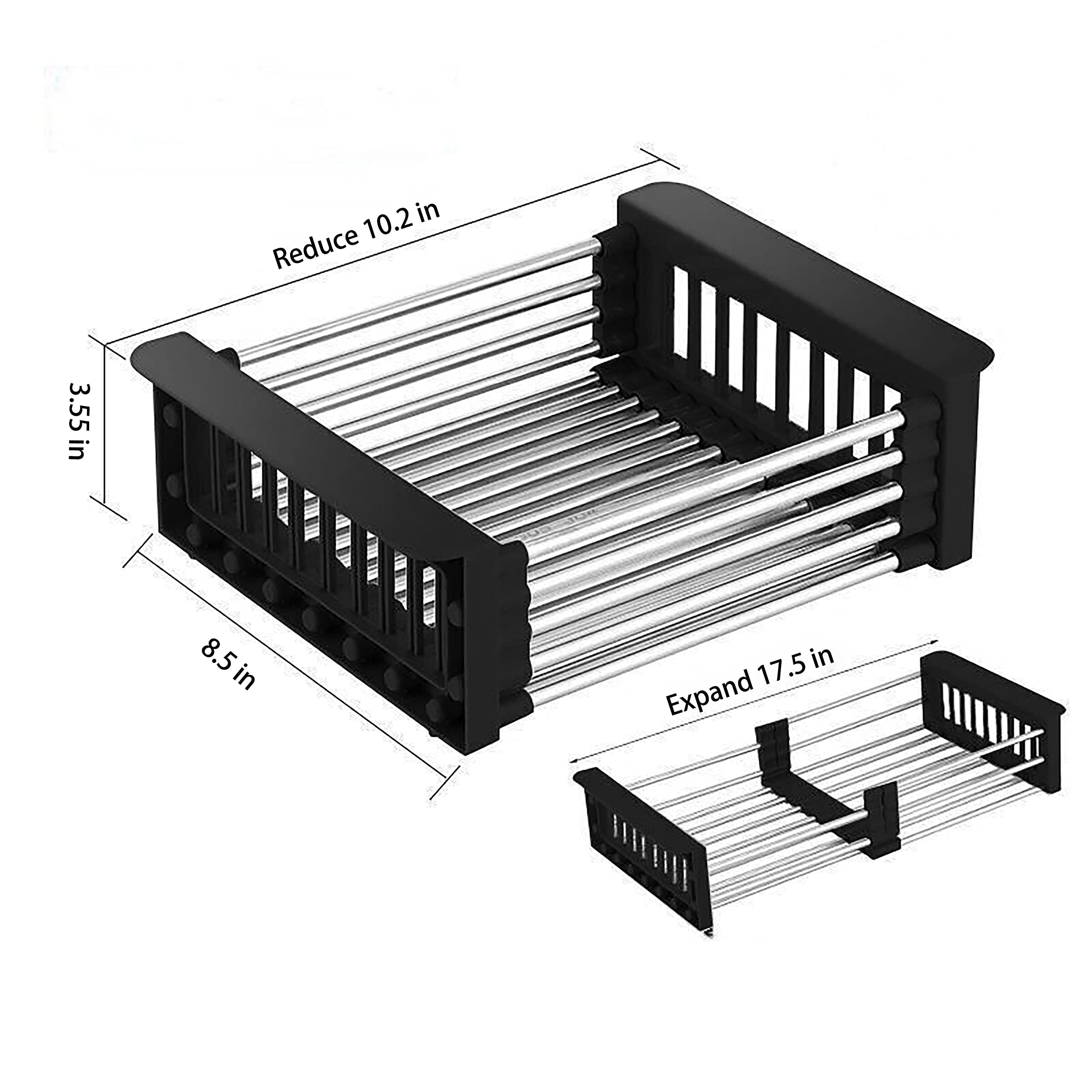 PEAKXCAN Retractable Stainless Steel Kitchen Dish Drying Rack, Sink Draining Basket, Fruit and Dish Rack, Dish Washing Basket, Draining Bowl Rack,Black