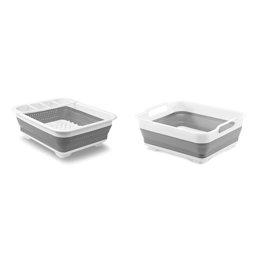 madesmart Collapsible Dish Rack Collapsible Wash Basin, Grey & White, All-in-One Solution for Kitchen Cleaning & Storage Needs