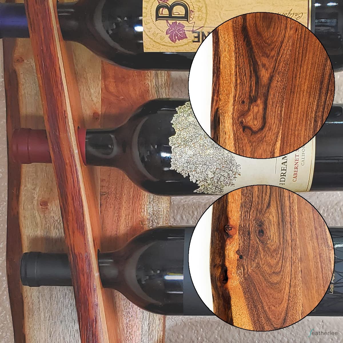 Featherlee - Natural Live Edge Wall Mount Wine Rack for 4 Bottles