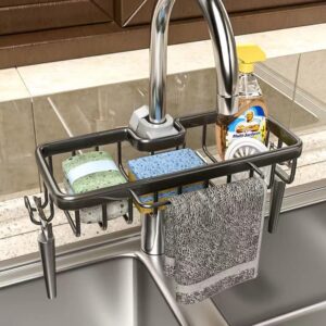 sponge holder for kitchen sink faucet caddy upgraded organizer with dish towels drying rack & hooks over faucet hanging faucet drain rack for sink organizer (square-with dishcloth rack, black)