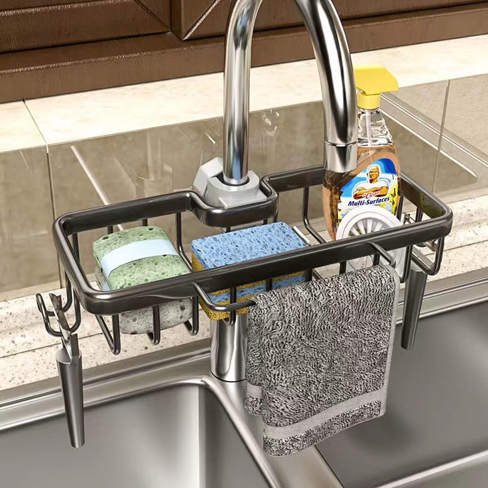 Sponge Holder for Kitchen Sink Faucet Caddy Upgraded Organizer with Dish Towels Drying Rack & Hooks Over Faucet Hanging Faucet Drain Rack for Sink Organizer (Square-with dishcloth rack, Black)