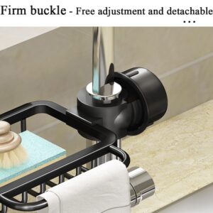 Sponge Holder for Kitchen Sink Faucet Caddy Upgraded Organizer with Dish Towels Drying Rack & Hooks Over Faucet Hanging Faucet Drain Rack for Sink Organizer (Square-with dishcloth rack, Black)