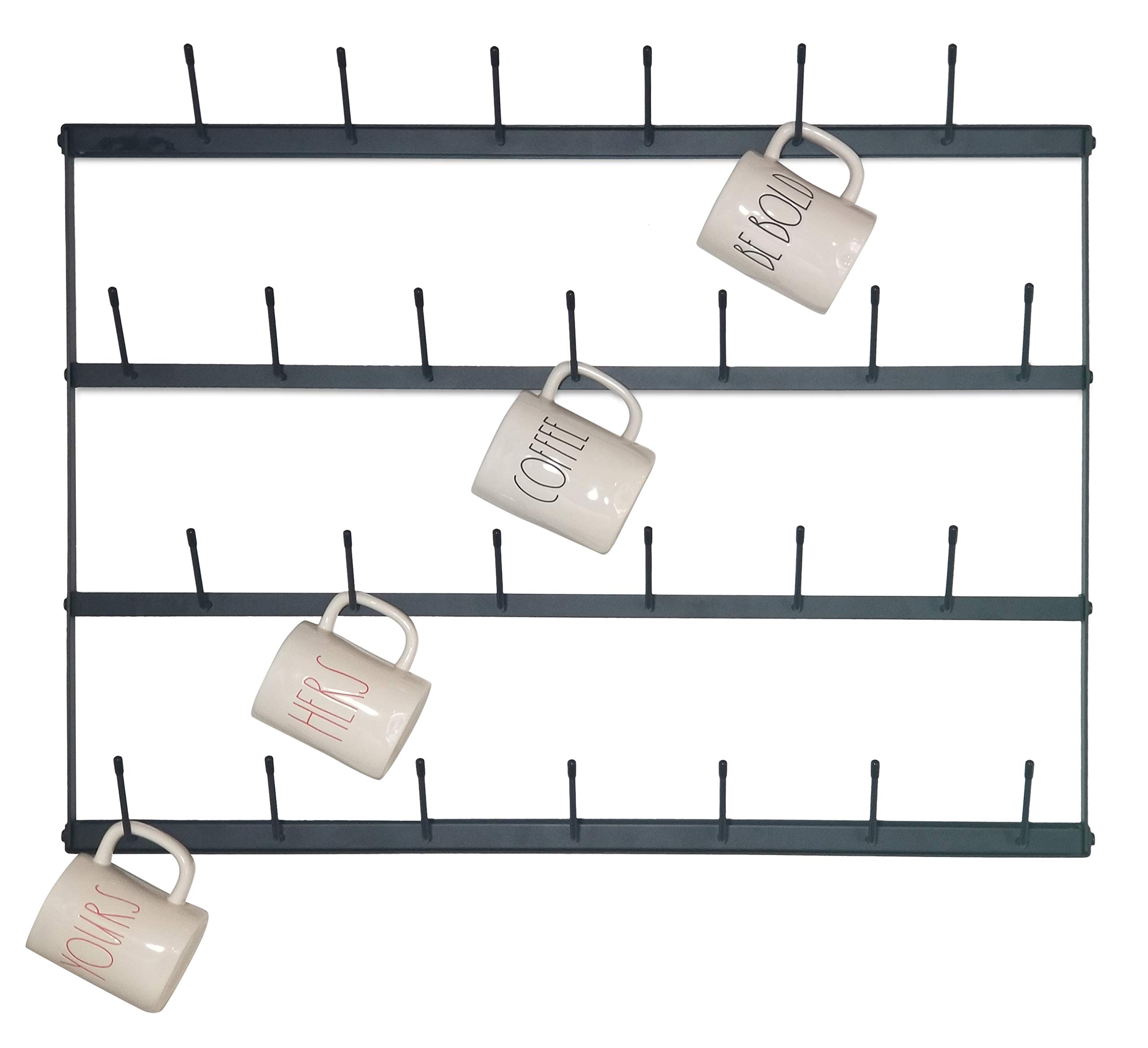 Claimed Corner Horizontal Wall Mug Rack - Large Wall Mounted Storage Display Organizer Rack for Coffee Mugs, Tea Cups, Mason Jars, and More. (34" x 23.5")