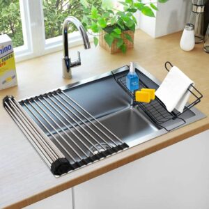 mk3 roll up dish drying rack for kitchen counter , with sponge holder for kitchen sink caddy organizer telescopic storage black