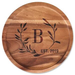 laurel initial personalized wood lazy susan - laser engraved 14-inch diameter turntable tray, kitchen counter and dining room table stand, smooth rotating base, acacia wood, by lillian vernon
