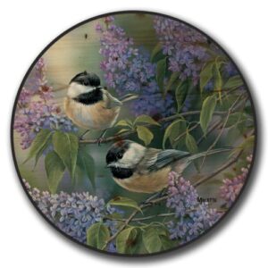 house & homebody co. decorative wood lazy susan, imaged, large 18" (chickadees and lilac)