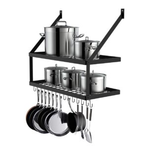 miyili wall mounted pot rack with 2-tier 15 hooks, kitchen shelves cookware hanging storage organizer, 29.5 by13.7-inch (black), kr300b2