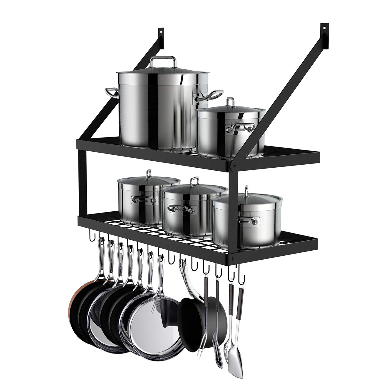 Miyili Wall Mounted Pot Rack with 2-Tier 15 Hooks, Kitchen Shelves Cookware Hanging Storage Organizer, 29.5 by13.7-inch (Black), KR300B2