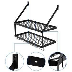 Miyili Wall Mounted Pot Rack with 2-Tier 15 Hooks, Kitchen Shelves Cookware Hanging Storage Organizer, 29.5 by13.7-inch (Black), KR300B2