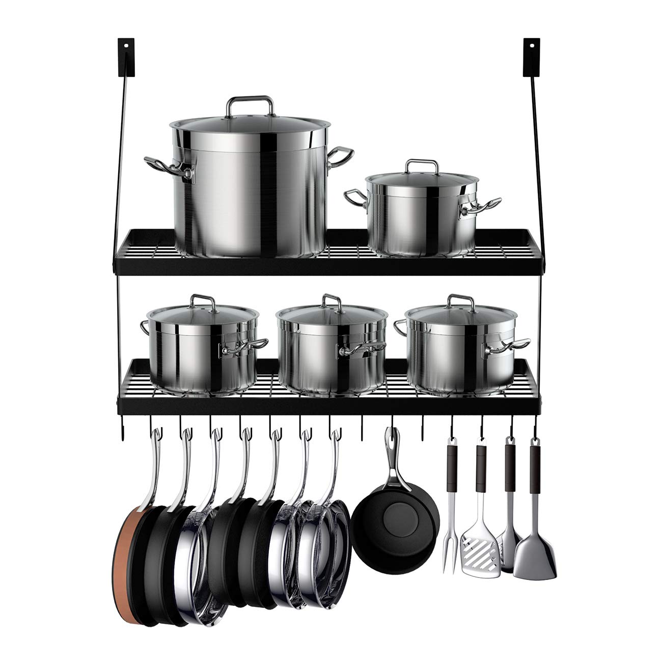 Miyili Wall Mounted Pot Rack with 2-Tier 15 Hooks, Kitchen Shelves Cookware Hanging Storage Organizer, 29.5 by13.7-inch (Black), KR300B2