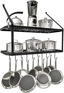 berty·puyi hanging rack mounted kitchen pot rack for kitchen storage and organization matte black 2 tier wall shelf for pots and pans with 12 hooks