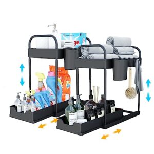 [2 pack] adjustable height under sink organizers and storage, 2-tier cabinet organizer with hooks, hanging cup, handles, organization and storage for kitchen sink bathroom, four gears height fodayuse