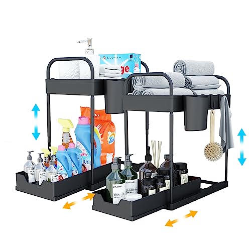 [2 Pack] Adjustable Height Under Sink Organizers and Storage, 2-Tier Cabinet Organizer With Hooks, Hanging Cup, Handles, Organization and Storage for Kitchen Sink Bathroom, Four gears height Fodayuse