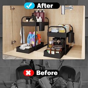 [2 Pack] Adjustable Height Under Sink Organizers and Storage, 2-Tier Cabinet Organizer With Hooks, Hanging Cup, Handles, Organization and Storage for Kitchen Sink Bathroom, Four gears height Fodayuse