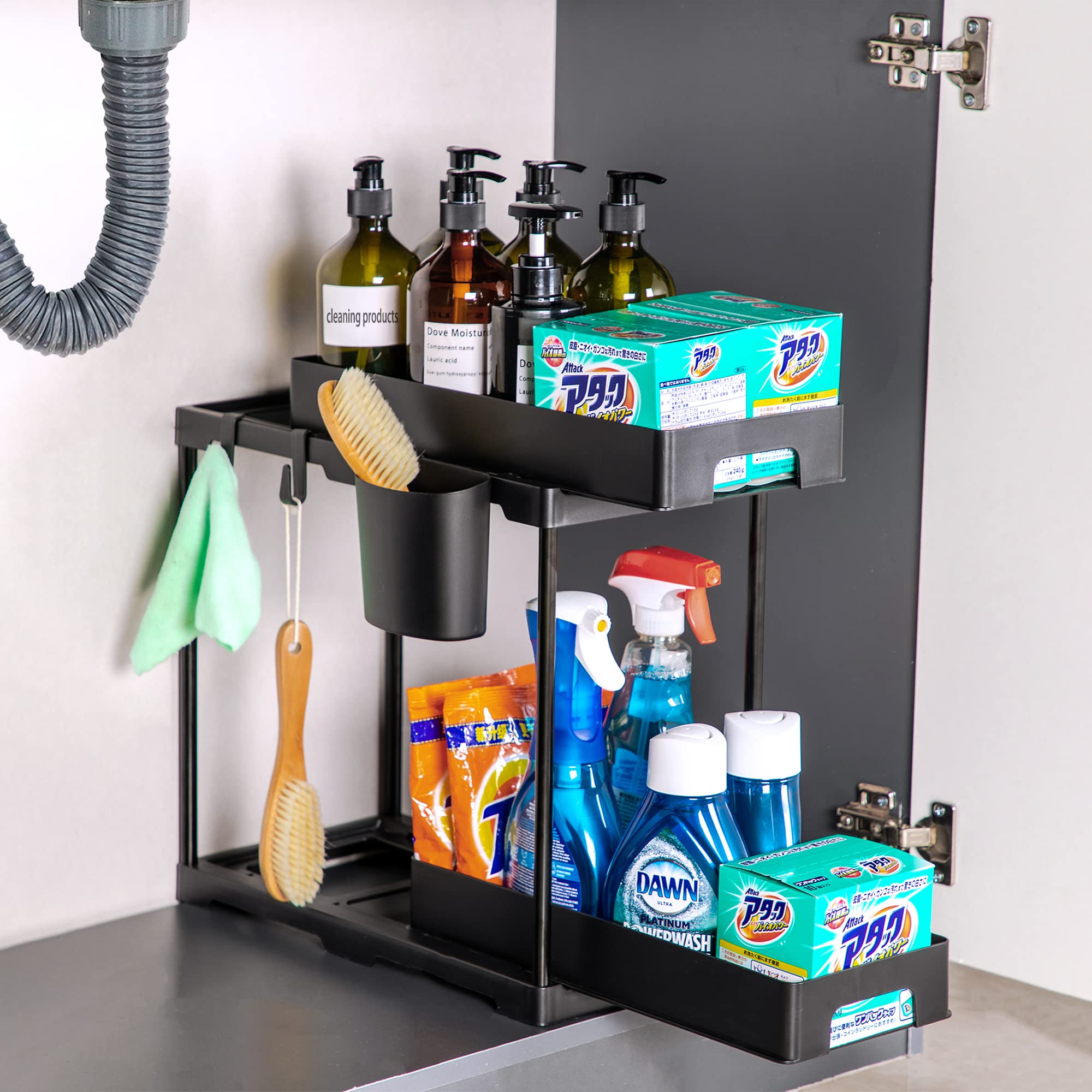 Under Sink Organizer, 2 Tier Pull Out Cabinet Organizer Sliding Sink Organizers and Storage Multi-Purpose Kitchen Bathroom Under Sink Organizers Shelf Black