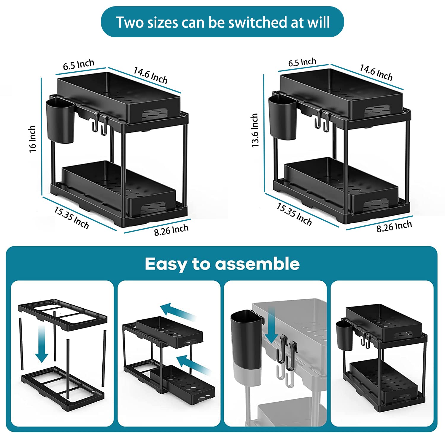 Under Sink Organizer, 2 Tier Pull Out Cabinet Organizer Sliding Sink Organizers and Storage Multi-Purpose Kitchen Bathroom Under Sink Organizers Shelf Black